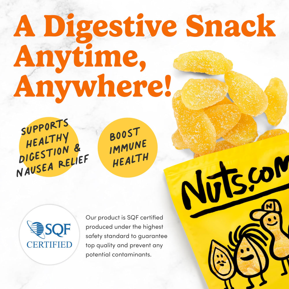 close-up of crystallized ginger texture showing sugary crust and chewy interior by Nuts.com for sensory detail