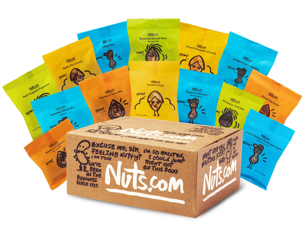 Nuts.com front box view showing festive gift presentation and variety