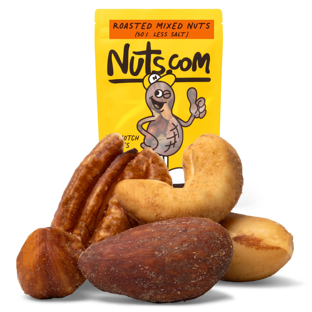 Nuts.com front packaging showing 14 oz bag and reduced sodium benefit