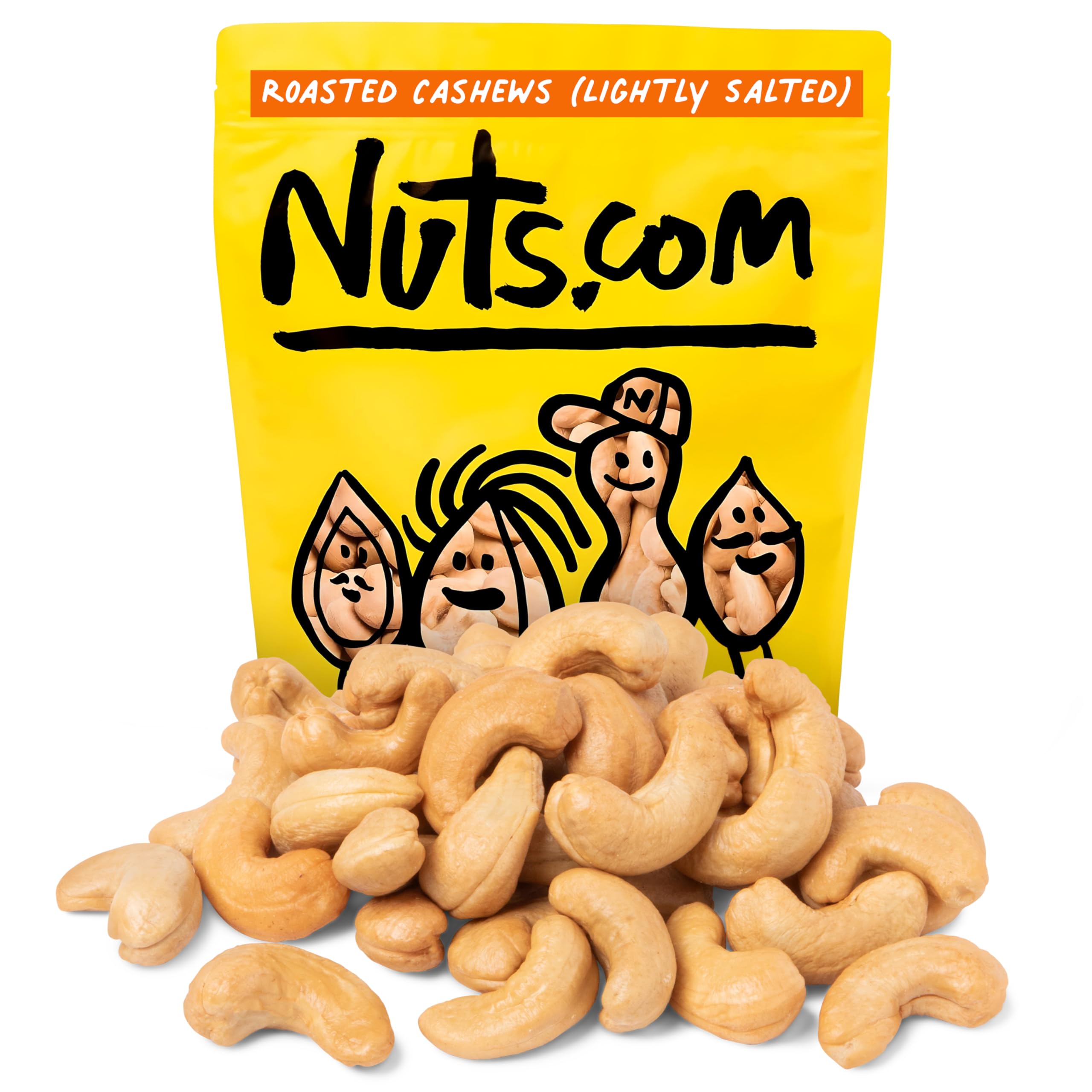 Nuts.com front packaging of 2 lb roasted cashews showing product and resealable bag for convenience