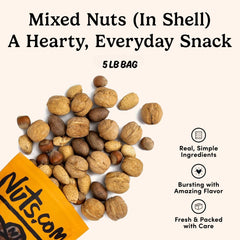open resealable bag of Nuts.com mixed nuts in shell with visible assortment, ready for snacking