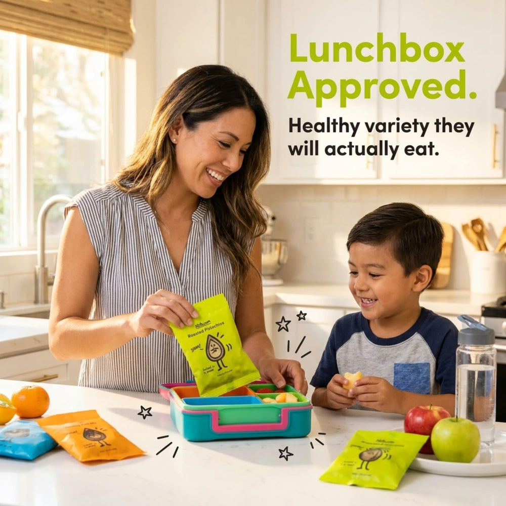 Nuts.com nut packs placed inside a lunchbox illustrating convenient on-the-go protein