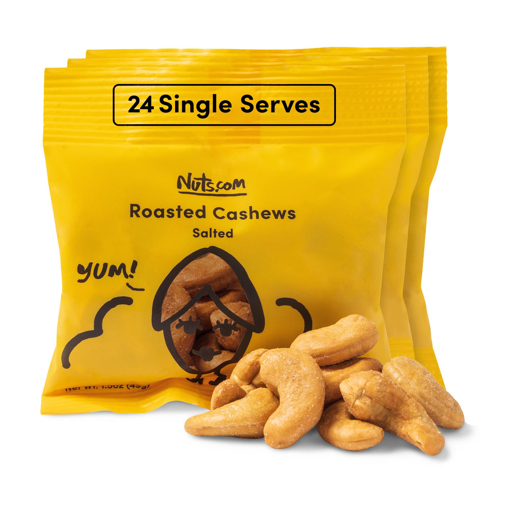 Nuts.com front packaging of 24-pack cashews showing brand and portion benefit