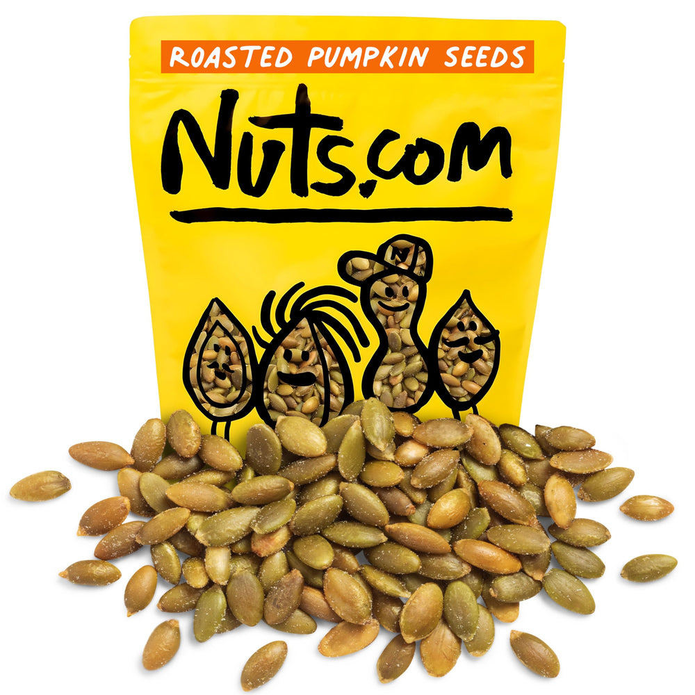 Nuts.com front packaging of 2 lb roasted pumpkin seeds showing product bag and label benefit