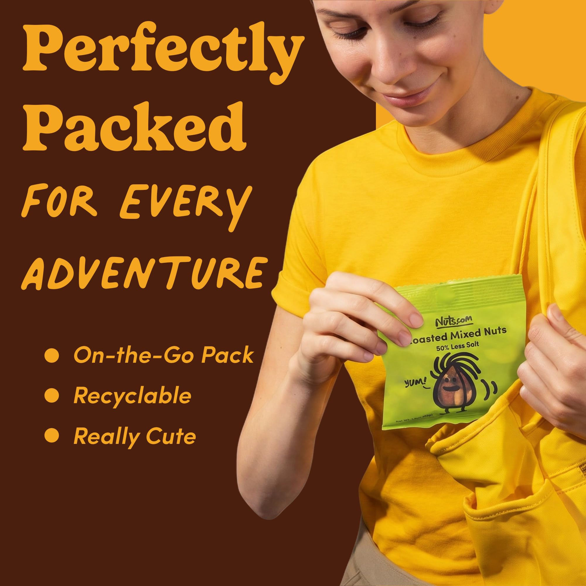 Nuts.com stacked single-serve pouches comparing pouch size for on-the-go portability