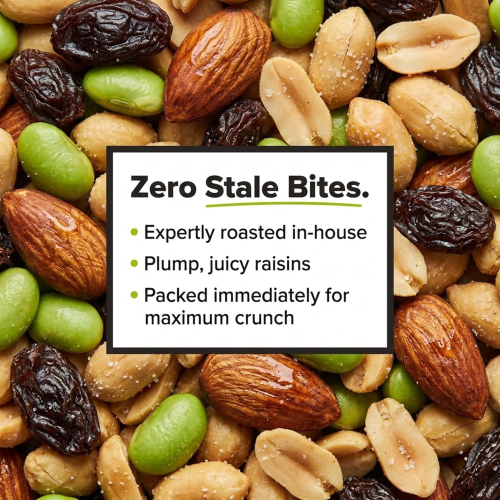 Nuts.com single-serve pouches lined up to show sealed freshness and portability