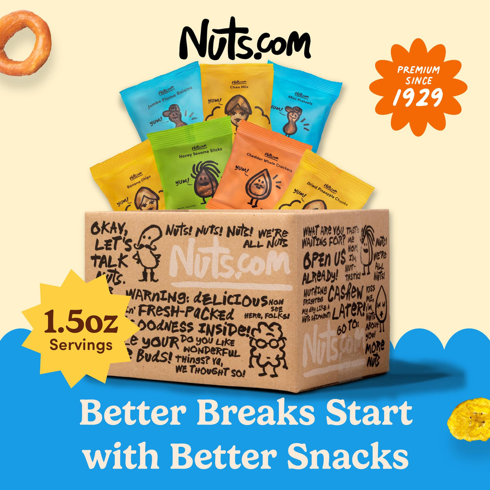 Nuts.com close-up of single-serve snack packet showing texture and portion control