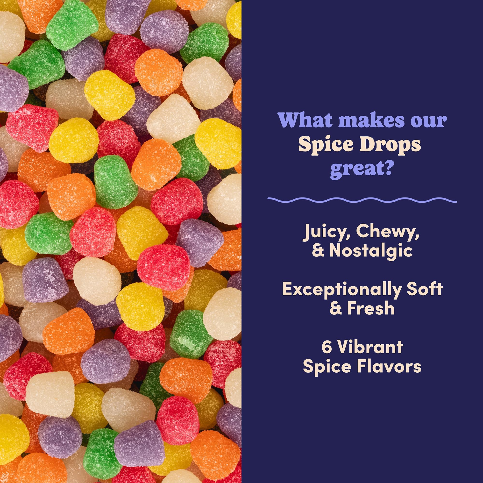 Nuts.com spice drops loose pile highlighting chewy texture and sharing appeal