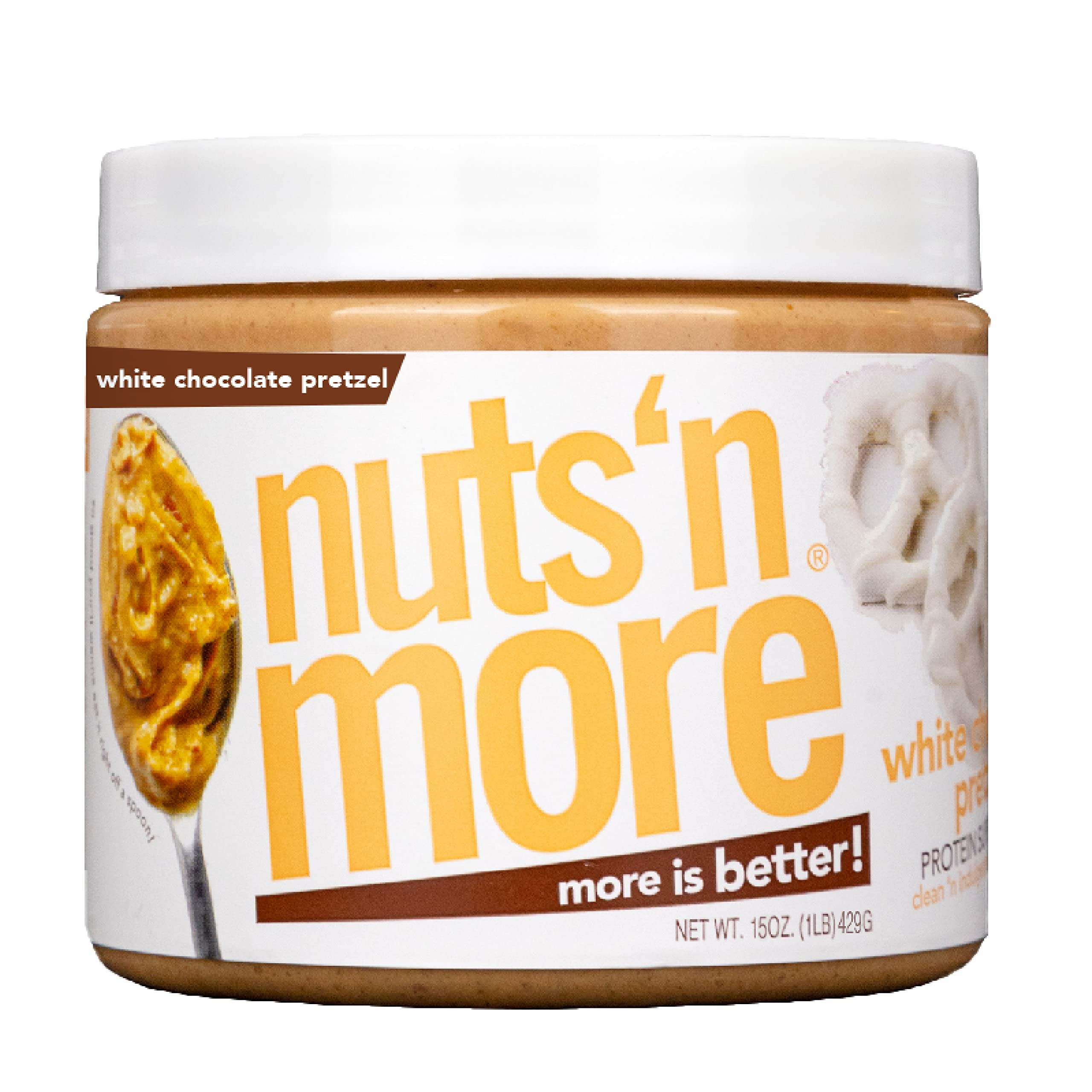 Nuts 'N More jar front showing white chocolate pretzel flavor and nutrition