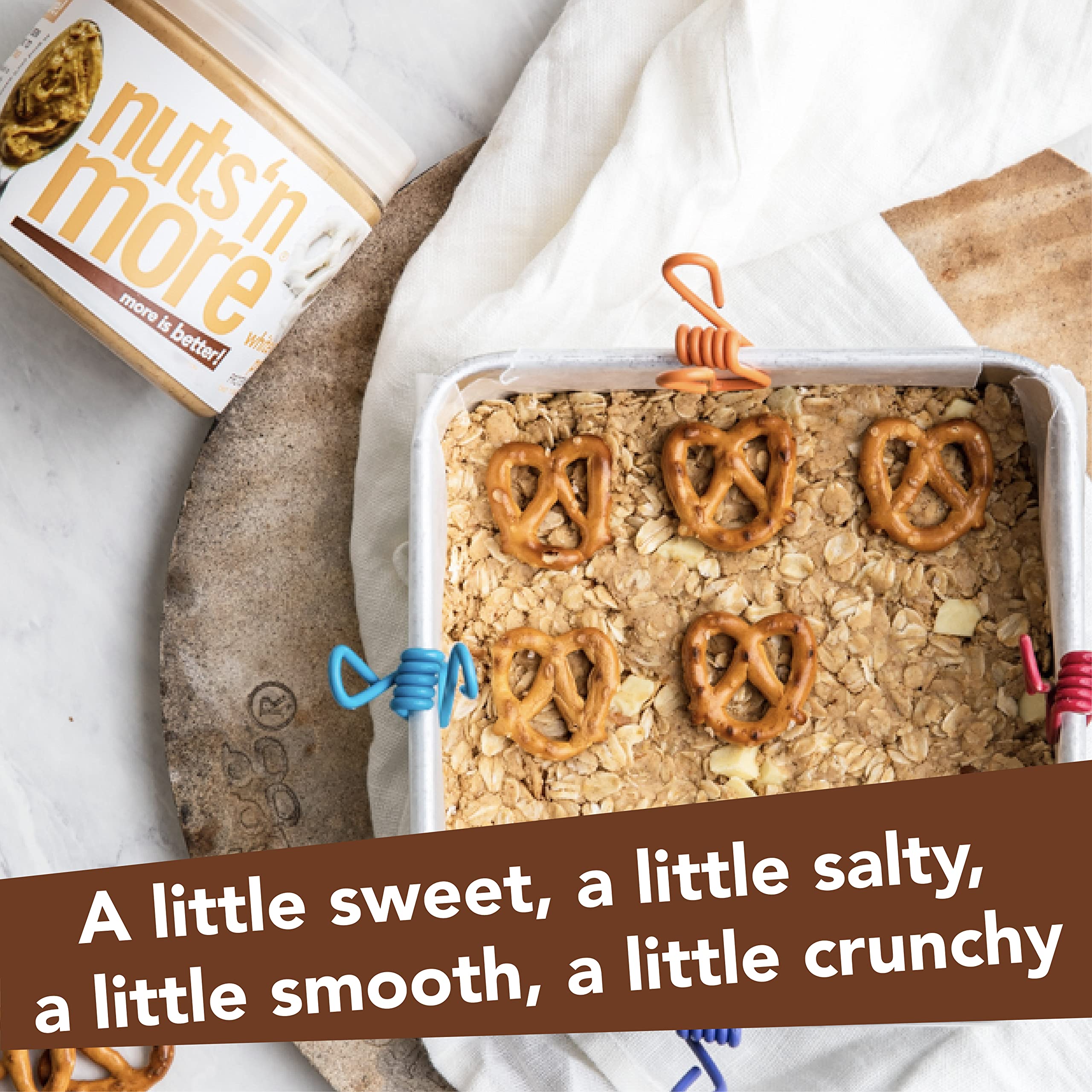 Detail of crunchy pretzel pieces in Nuts 'N More spread highlighting salty contrast