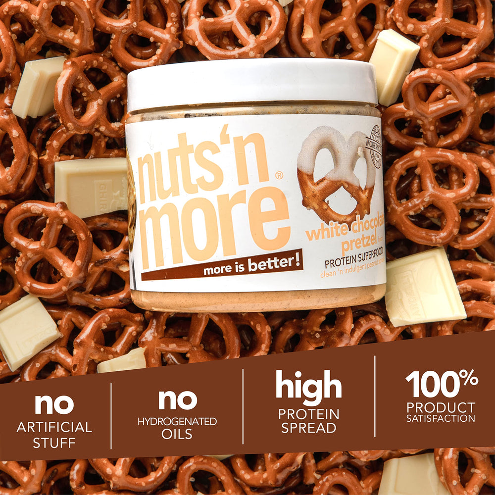 15oz Nuts 'N More jar alongside a measuring spoon for size and serving reference