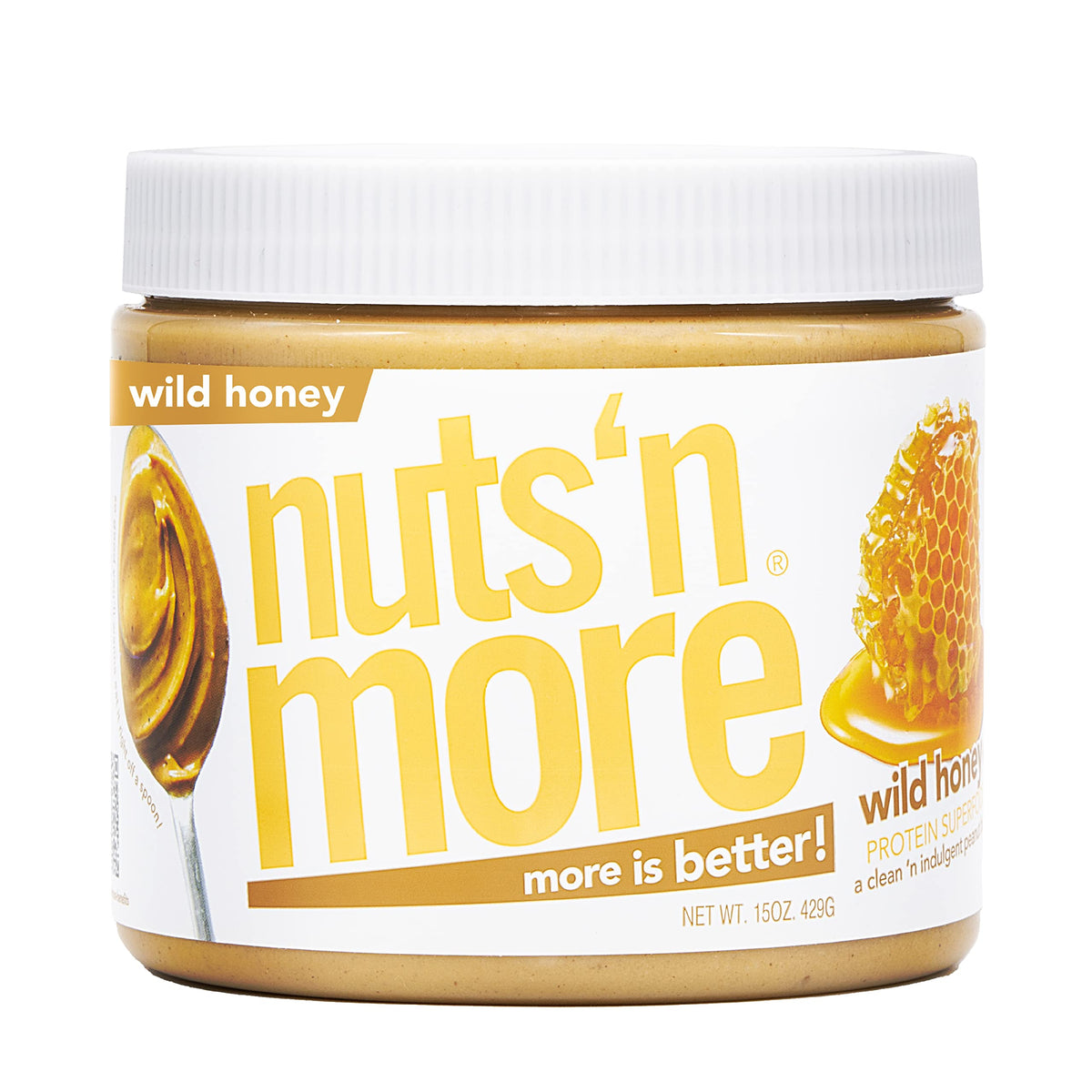 Nuts 'N More front packaging showing jar and flavor benefits