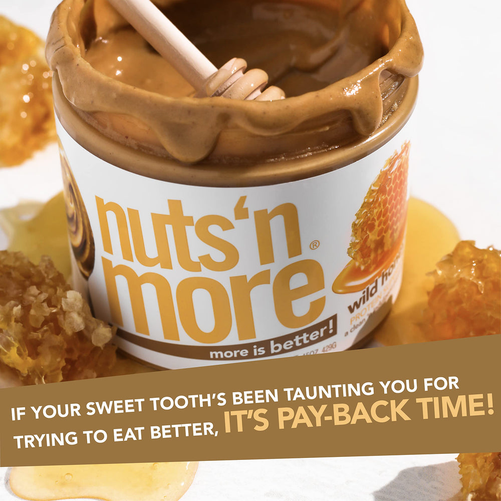 Nuts 'N More jar next to measuring spoons showing serving size control