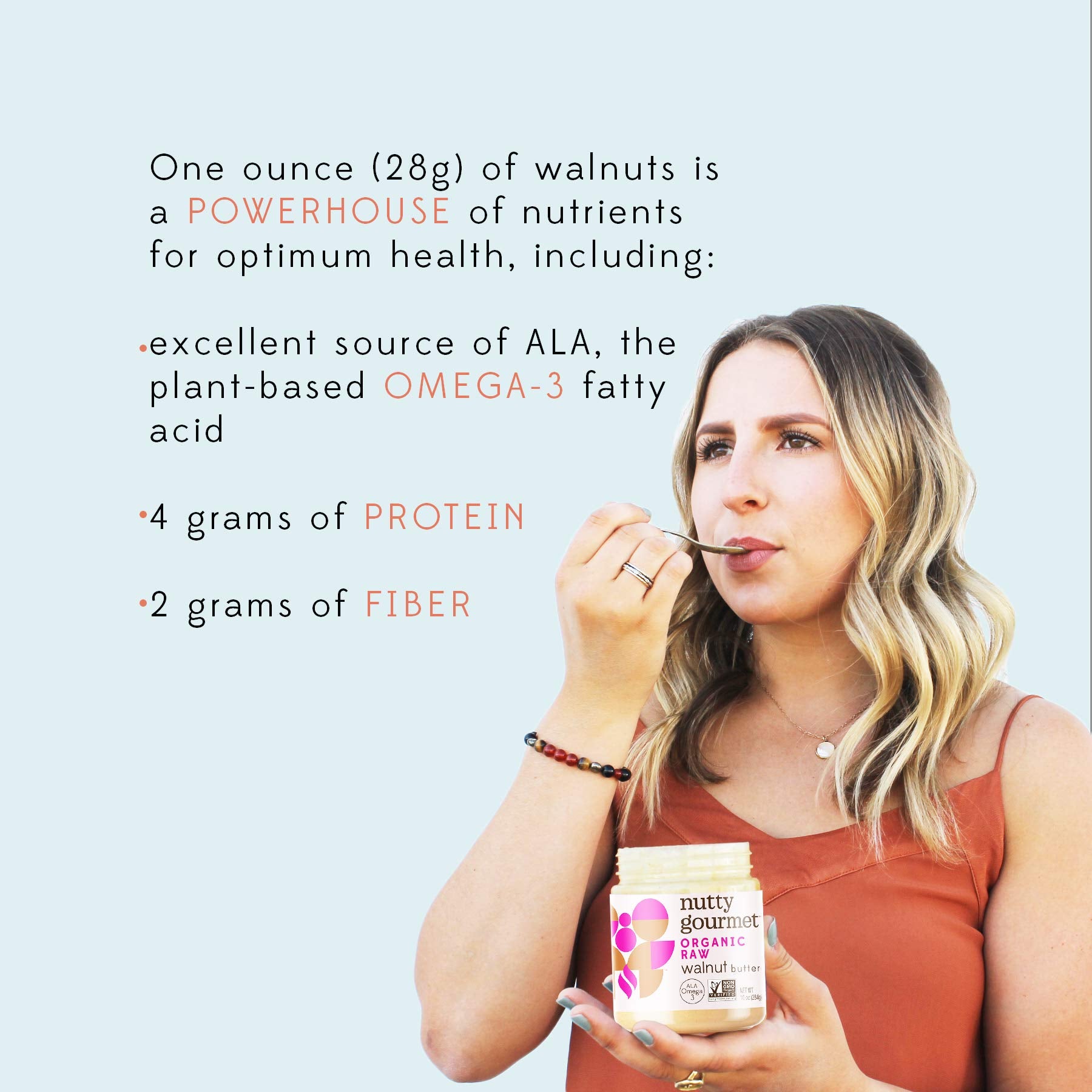 Hand holding jar showing Nutty Gourmet size and portion for portioning
