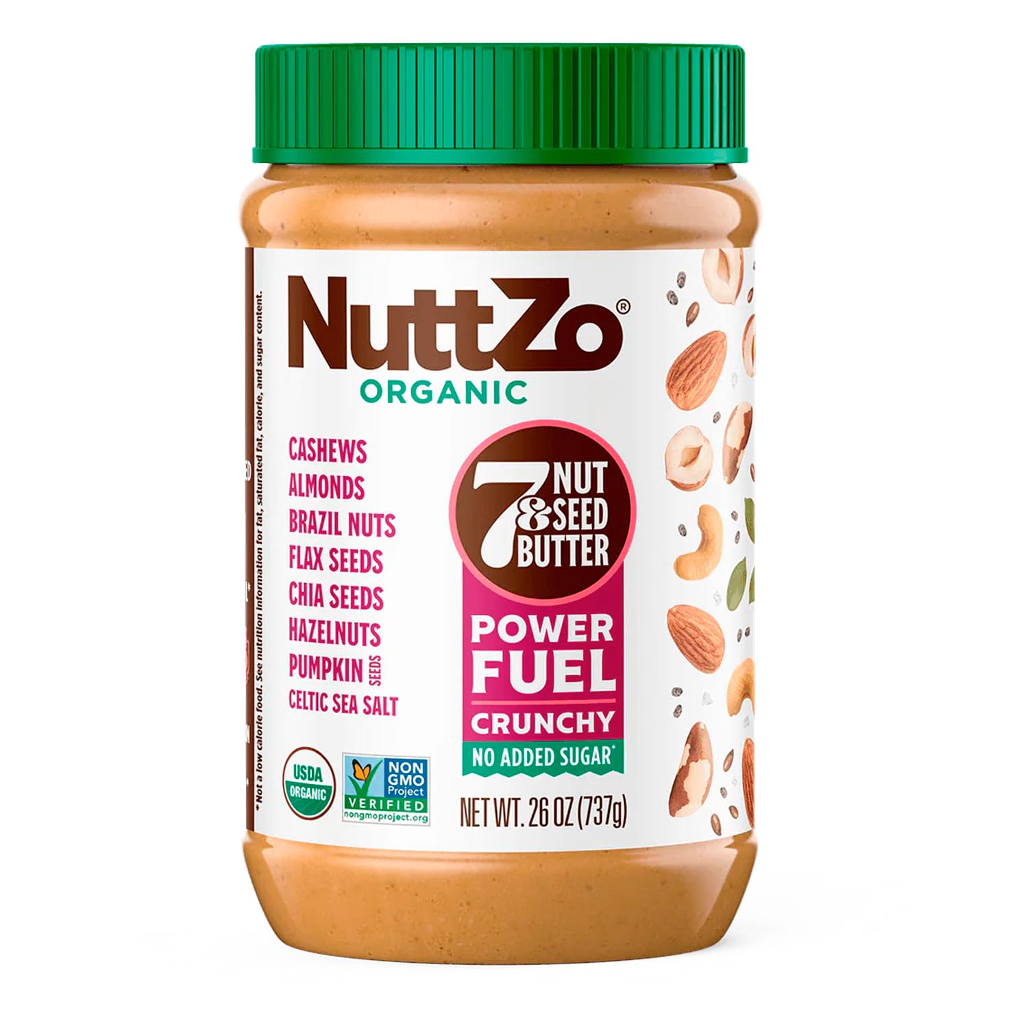 NuttZo front label on 26 oz jar showing organic credentials and crunchy texture benefits