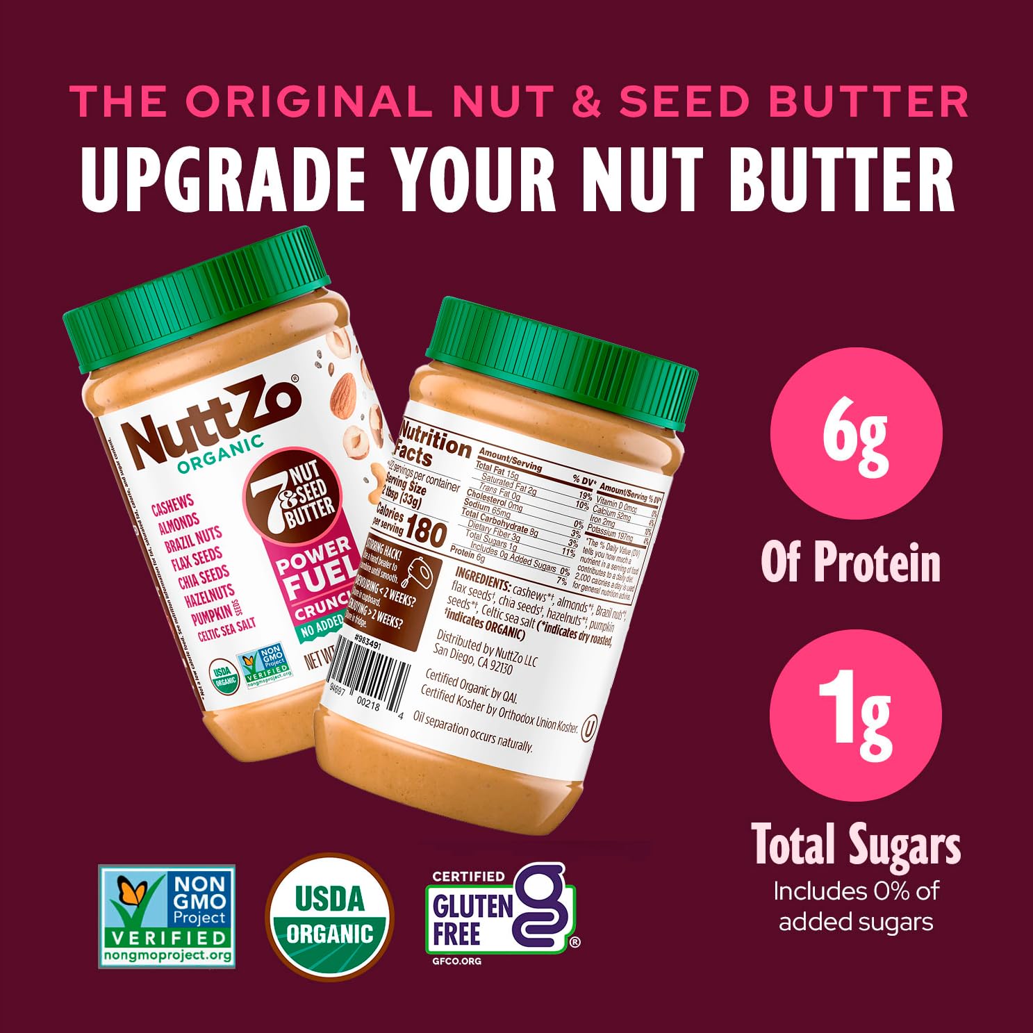 Upside-down NuttZo jar demonstrating easy-stir design to reduce oil separation