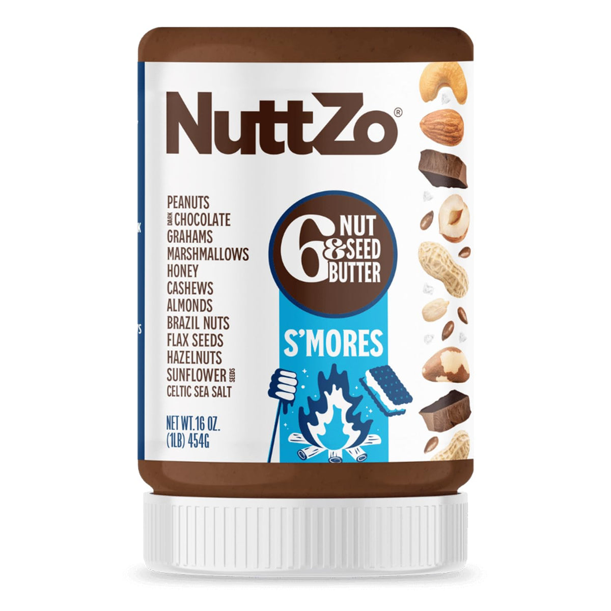 nuttzo jar front view showing label and 16 oz size, convenient pantry treat