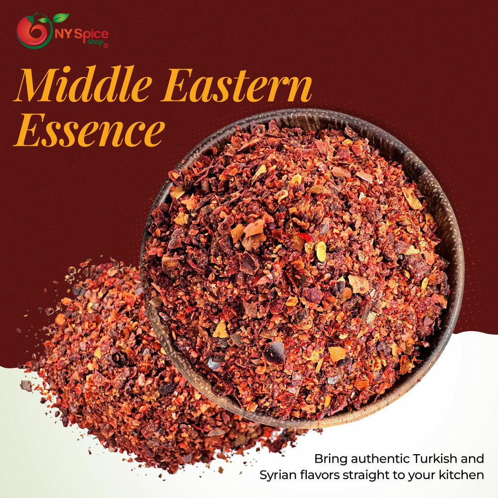 wooden spoon heaped with NY Spice Shop Aleppo flakes ready to season meals
