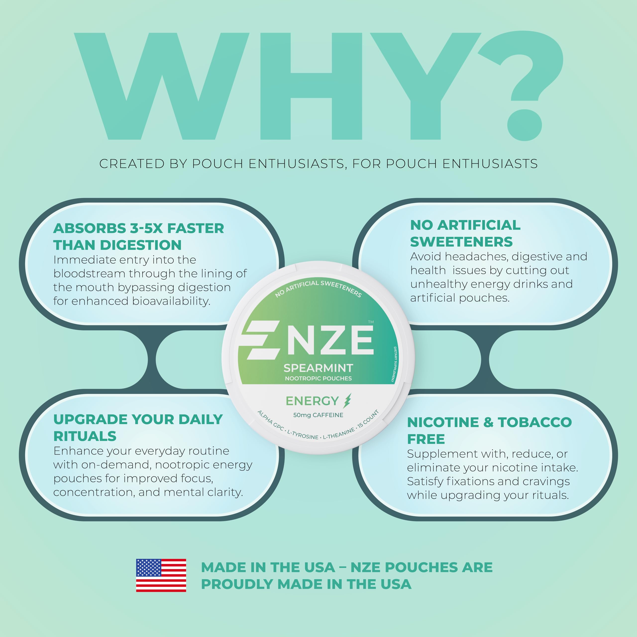 Close-up of NZE ingredient label showing no sugar and natural sweeteners benefit