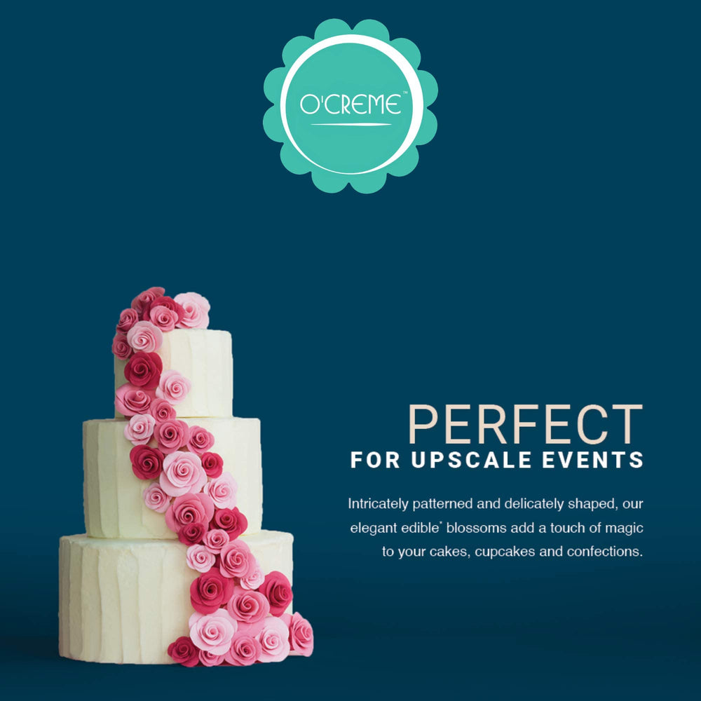 O'Creme roses arranged on cake enhancing presentation for events