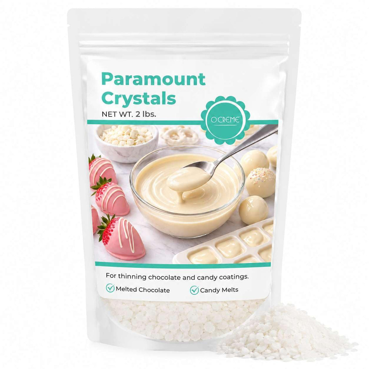 O'CREME front packaging of 2 lb bag showing label and branding, easy storage benefit