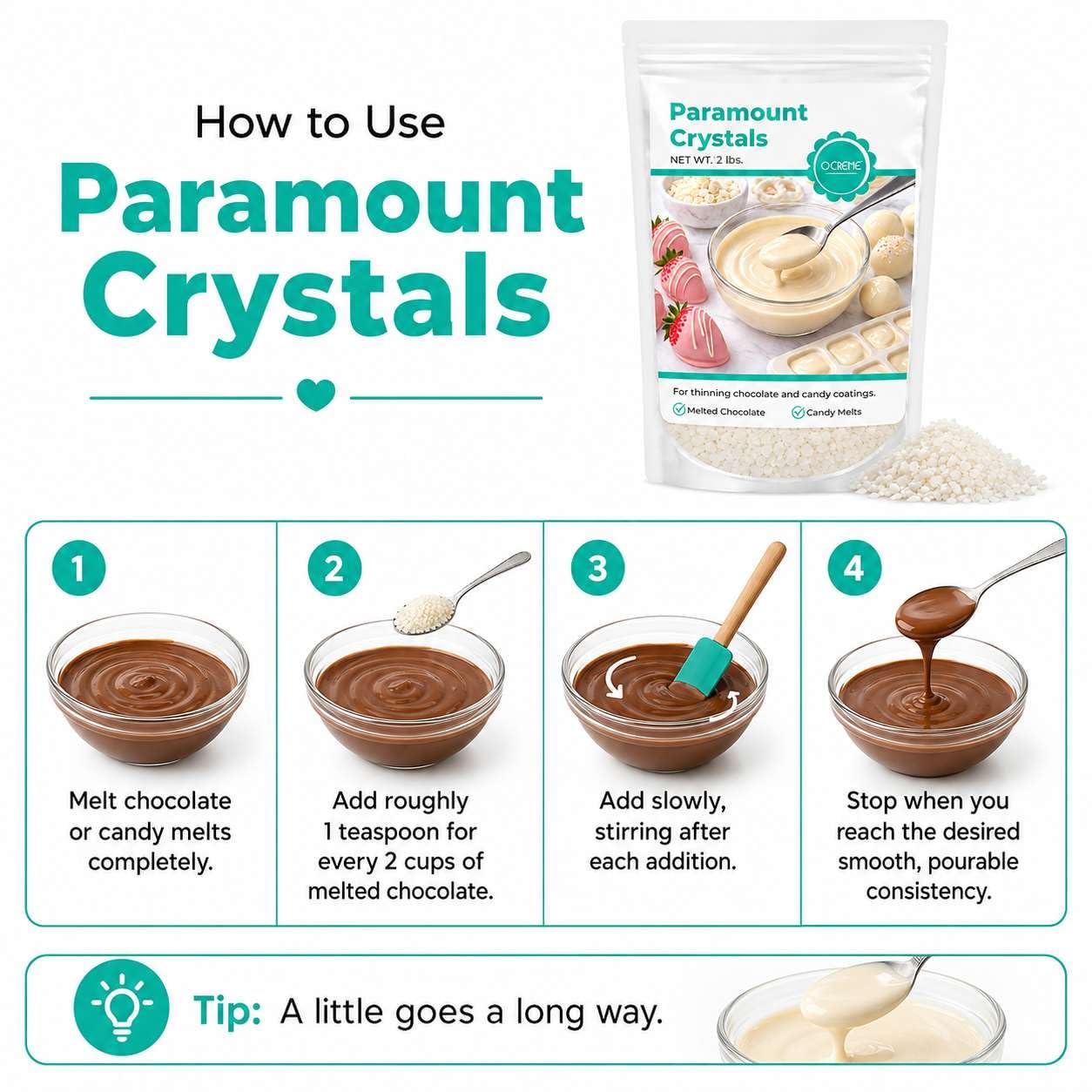 O'CREME crystals on measuring spoon beside chocolate cups, showing precise dosing benefit