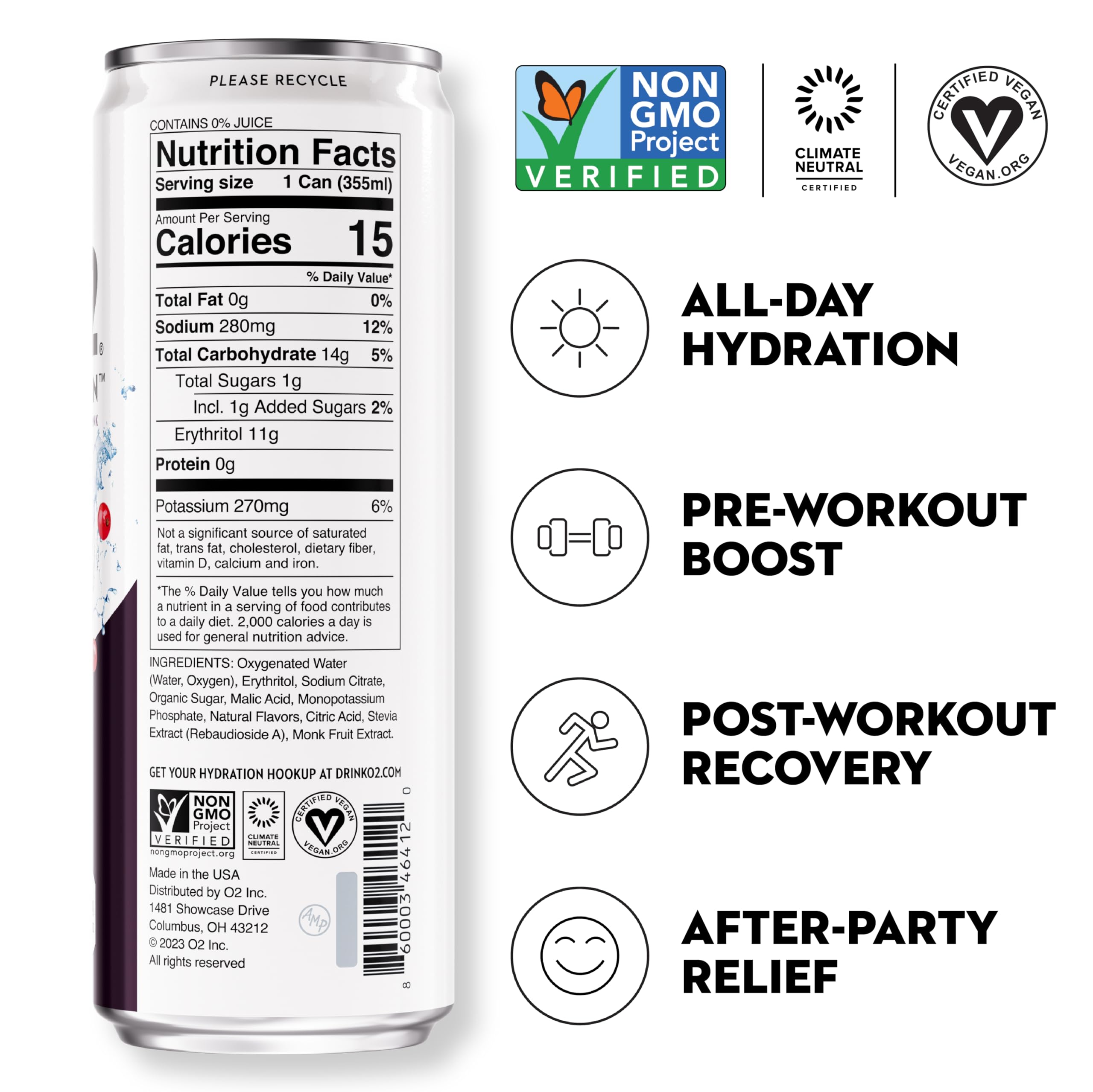 O2 pouring into glass showing smooth non-carbonated texture for quick hydration
