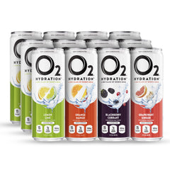 O2 variety pack front packaging showing cans and branding for convenient recovery
