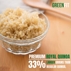 OA QUINOA measuring cup beside bag showing bulk 25 lb supply and portioning