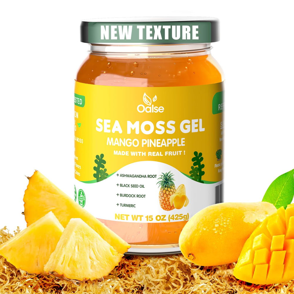 OALSE front jar showing mango seamoss gel for easy daily use