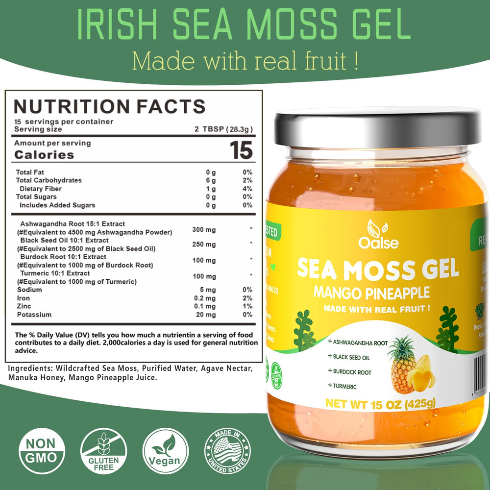 OALSE spoonful of mango seamoss gel blending into drinks