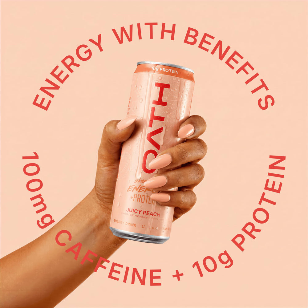 Oath Nutrition close view of can label highlighting 10g protein and 100mg caffeine benefits