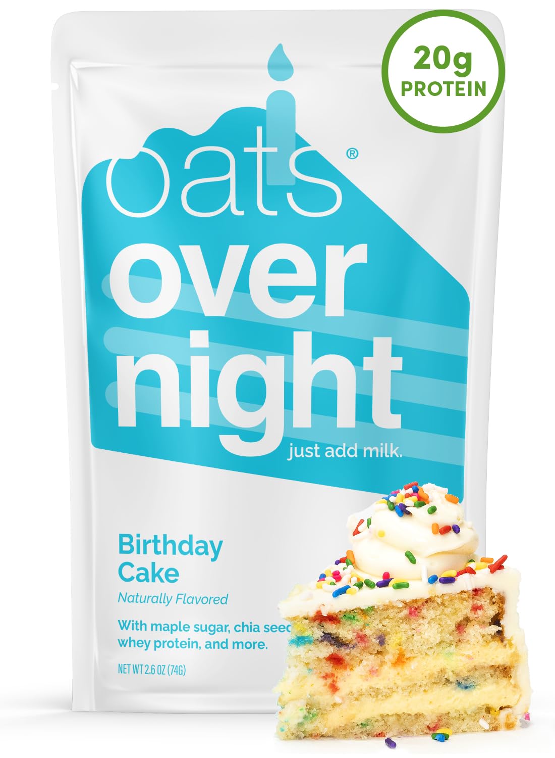 Oats Overnight front packaging showing Birthday Cake flavor and benefits