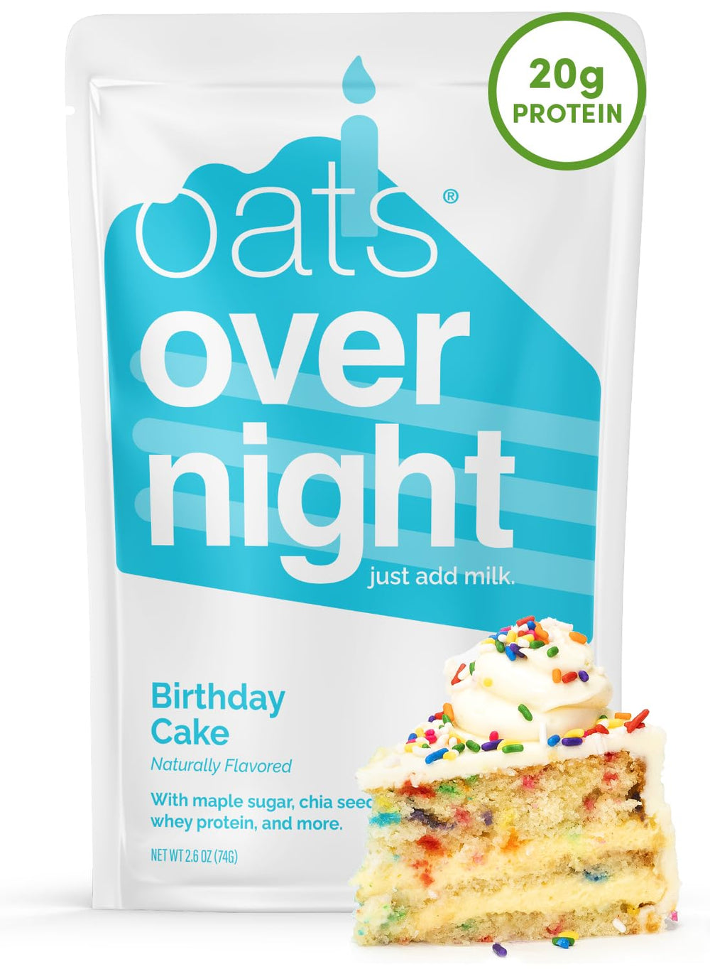 Oats Overnight front packaging showing Birthday Cake flavor and benefits