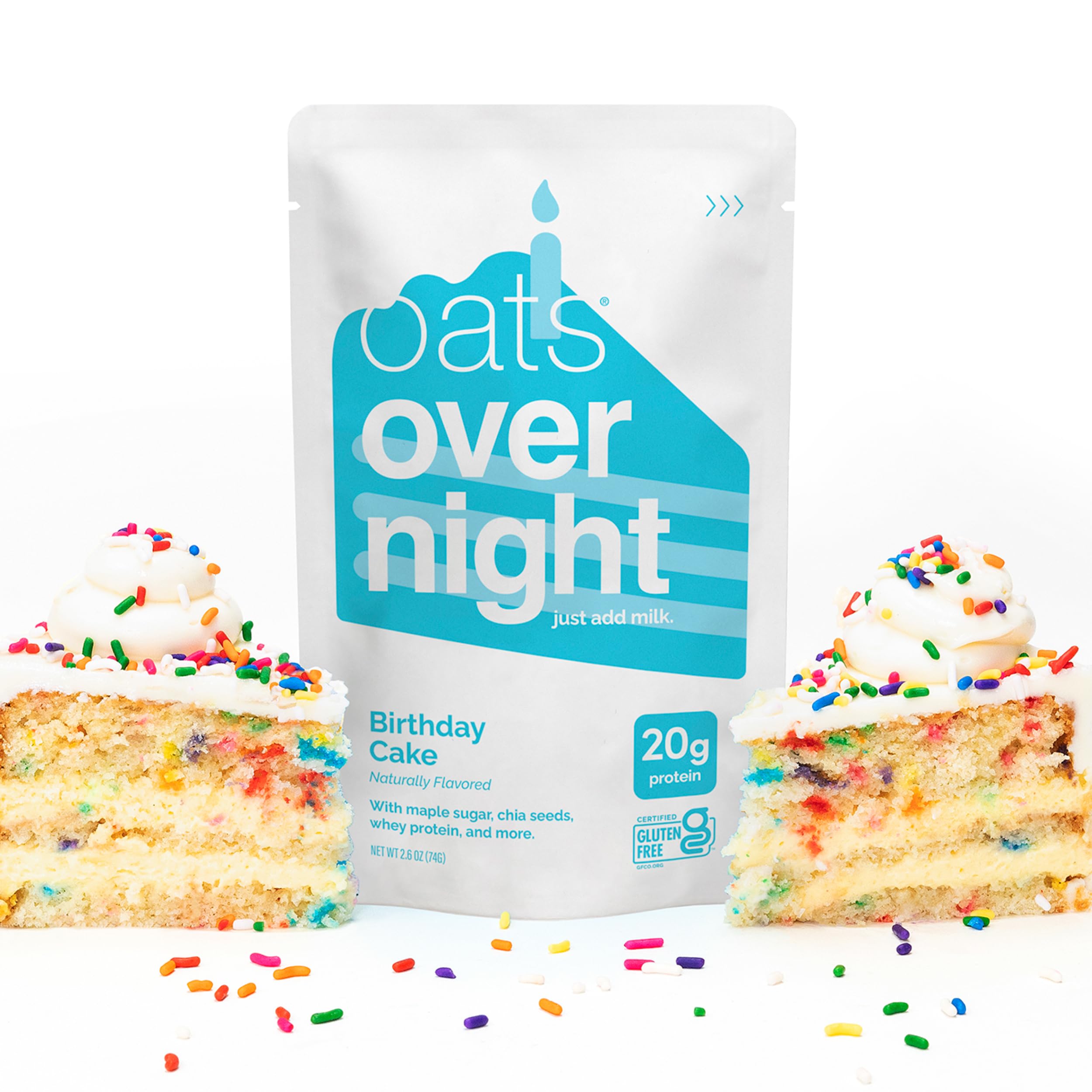 Oats Overnight pouch beside an apple to show compact single-serve size