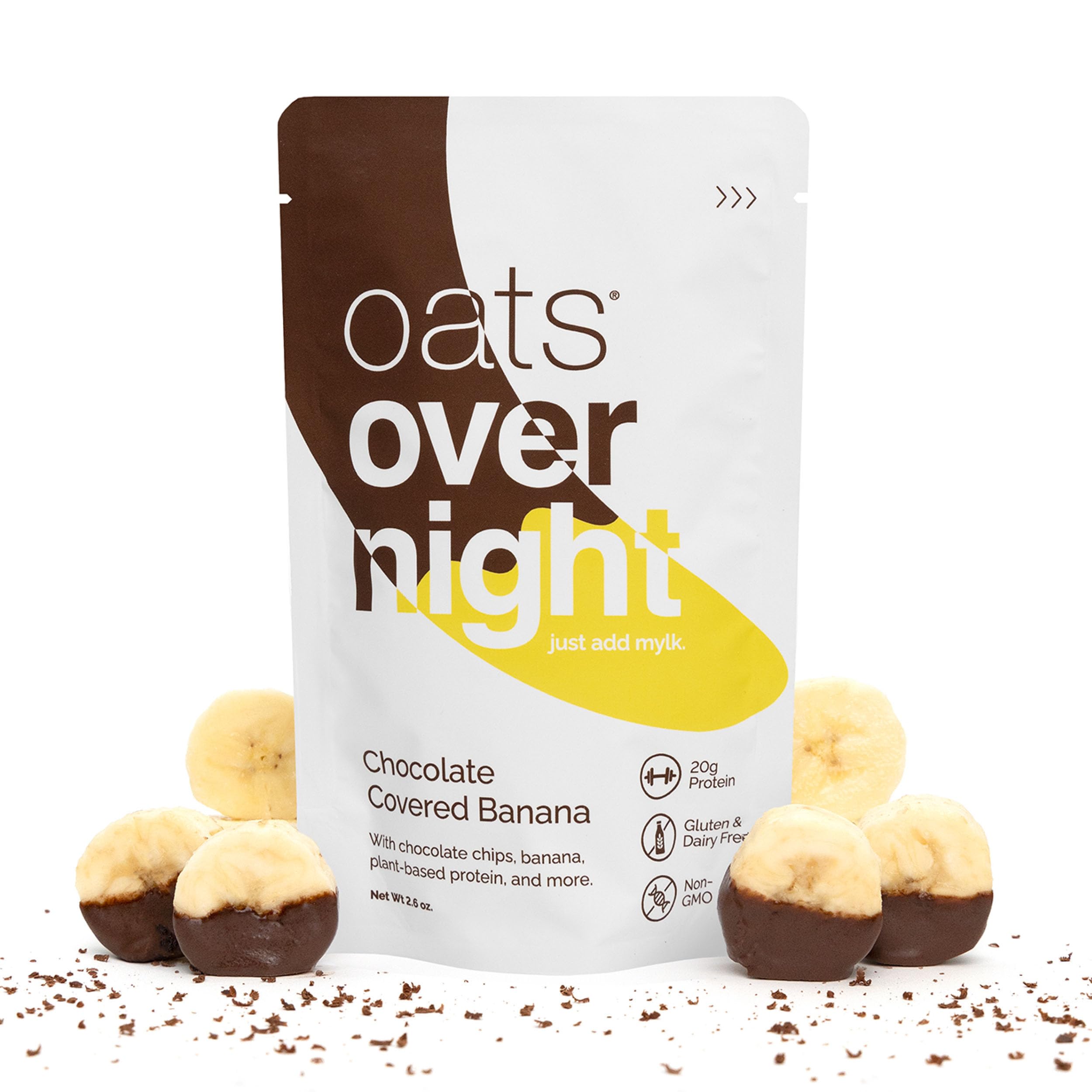Oats Overnight packet held in hand to show size and portability benefit
