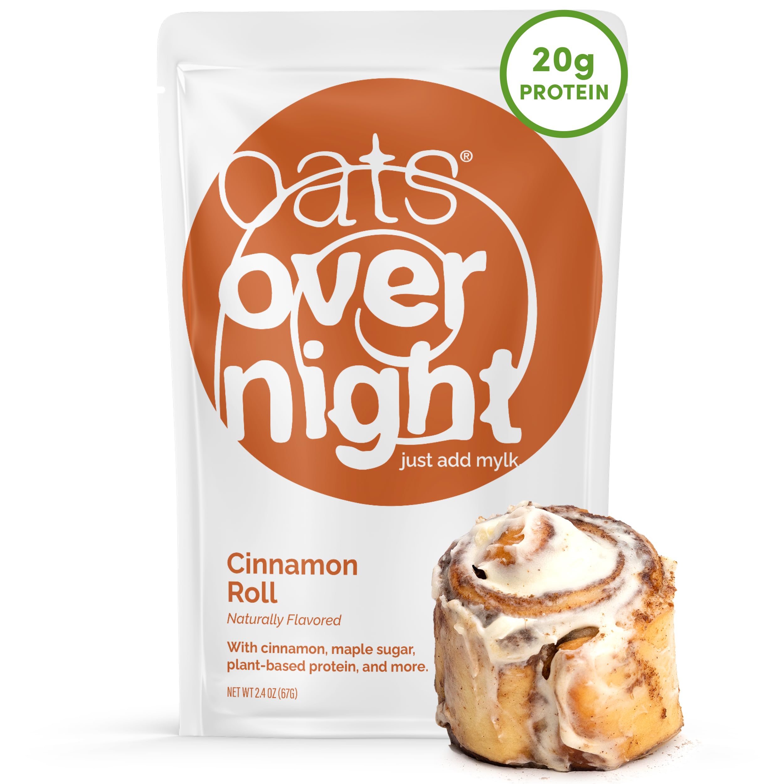 Oats Overnight front box showing cinnamon roll flavor and pack count for clear product ID