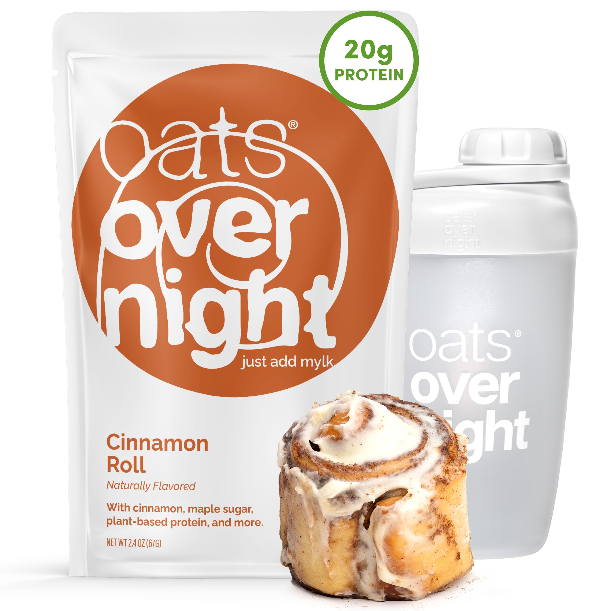 Oats Overnight front packaging showing cinnamon roll flavor benefit: tasty convenience