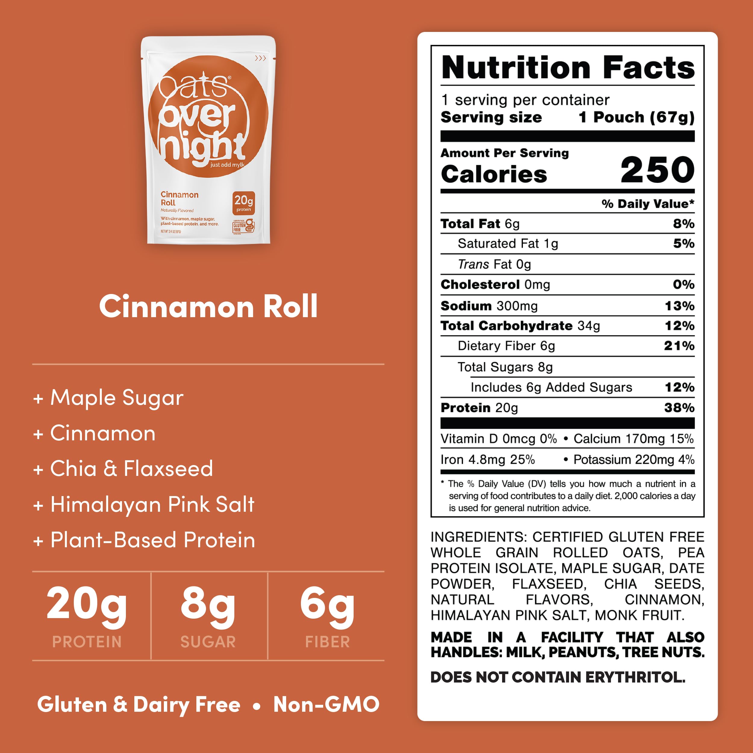 Single Oats Overnight cinnamon roll packet held in hand showing convenient portioning benefit