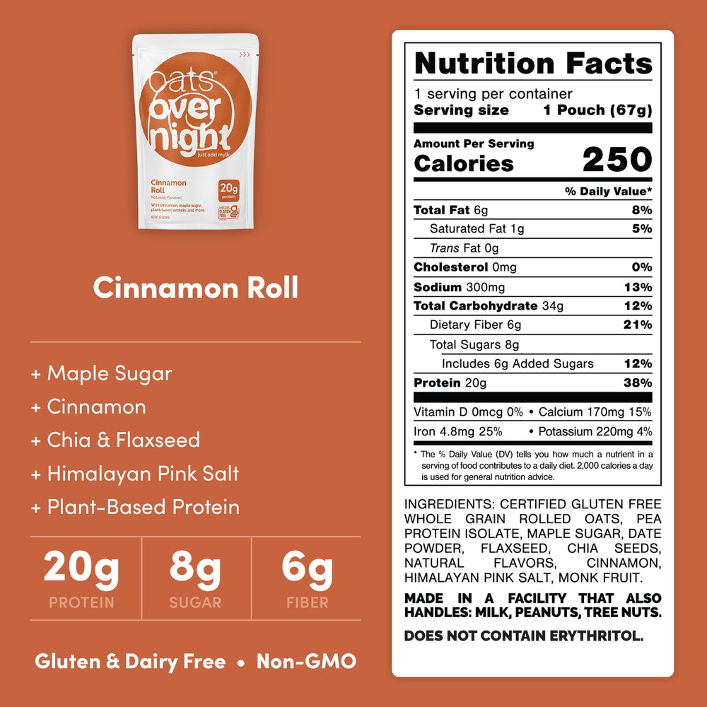 Single Oats Overnight cinnamon roll packet held in hand showing convenient portioning benefit