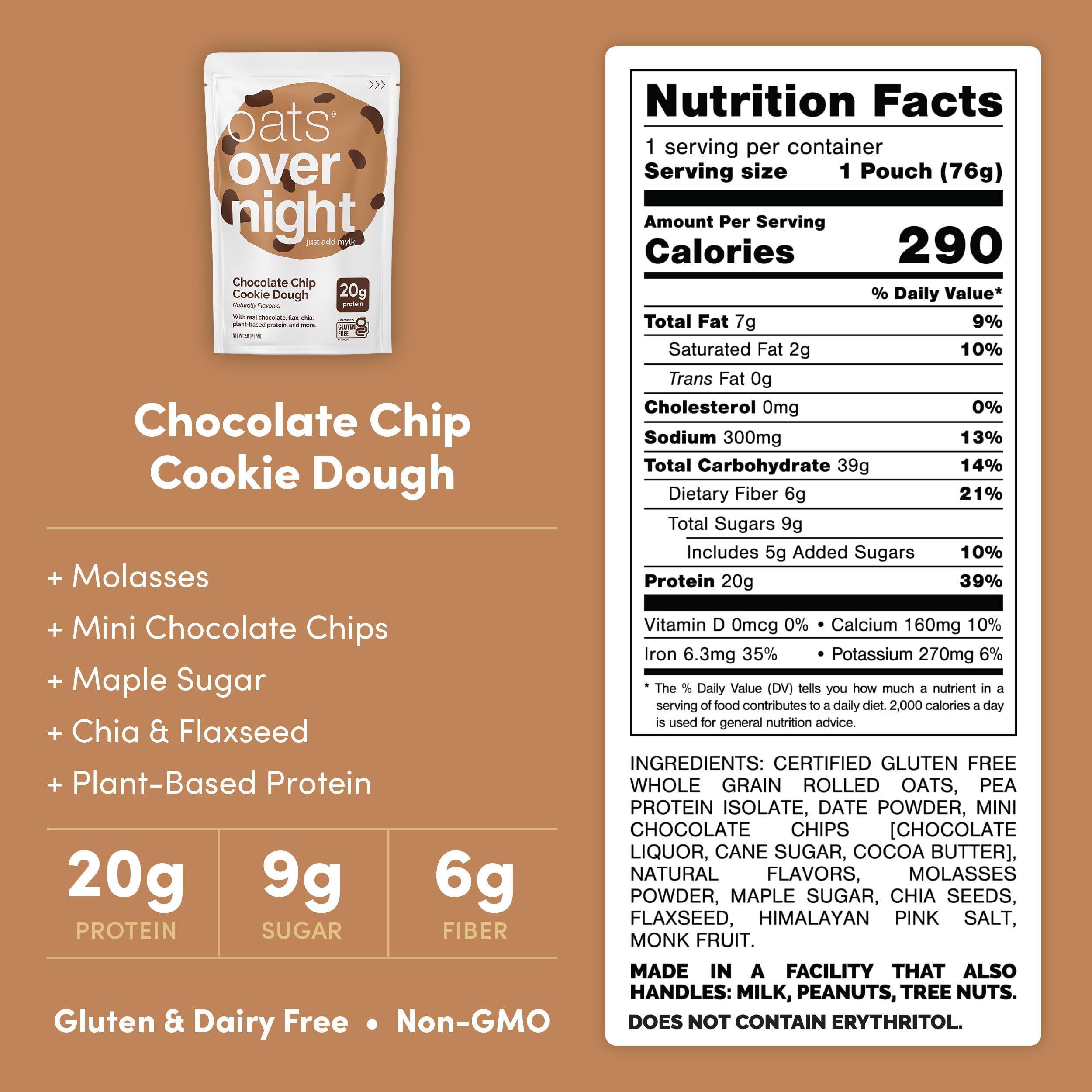 Oats Overnight single Chocolate Chip Cookie Dough sachet close-up highlighting label