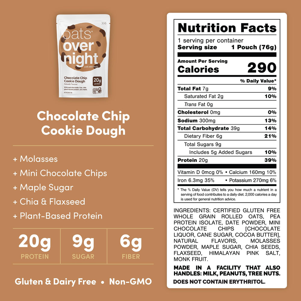 Oats Overnight single Chocolate Chip Cookie Dough sachet close-up highlighting label