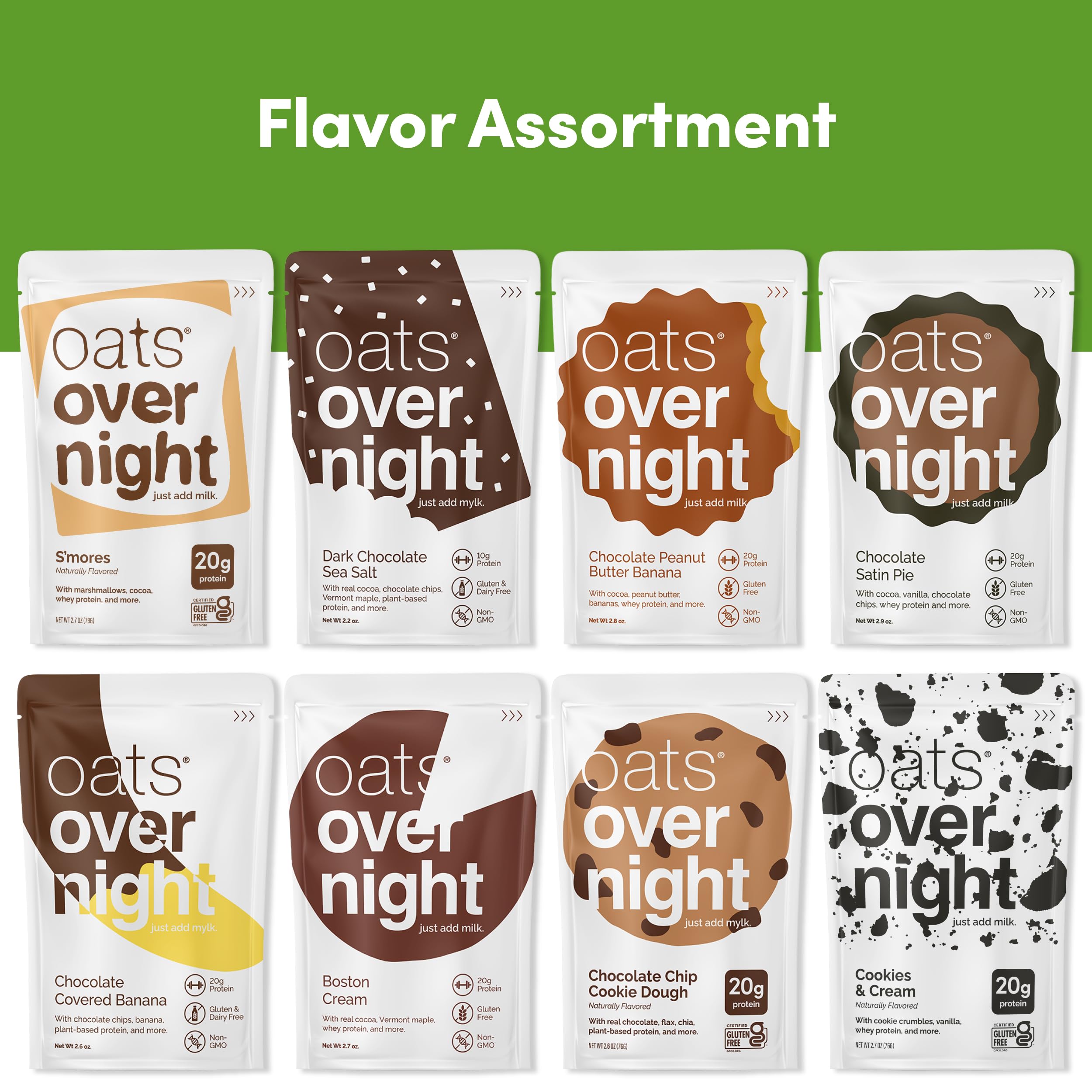Oats Overnight eight flavors displayed to show variety and taste options