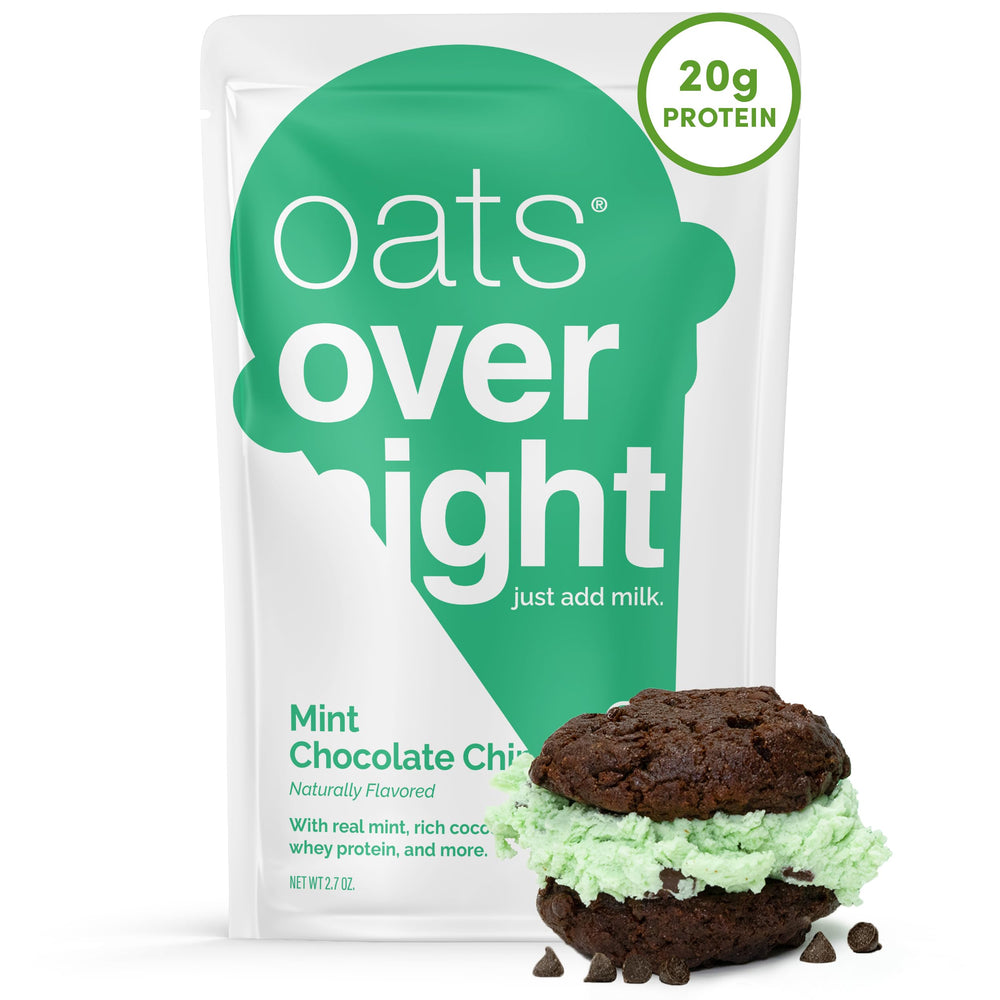 Oats Overnight front packet showing branding and mint chocolate chip flavor benefits