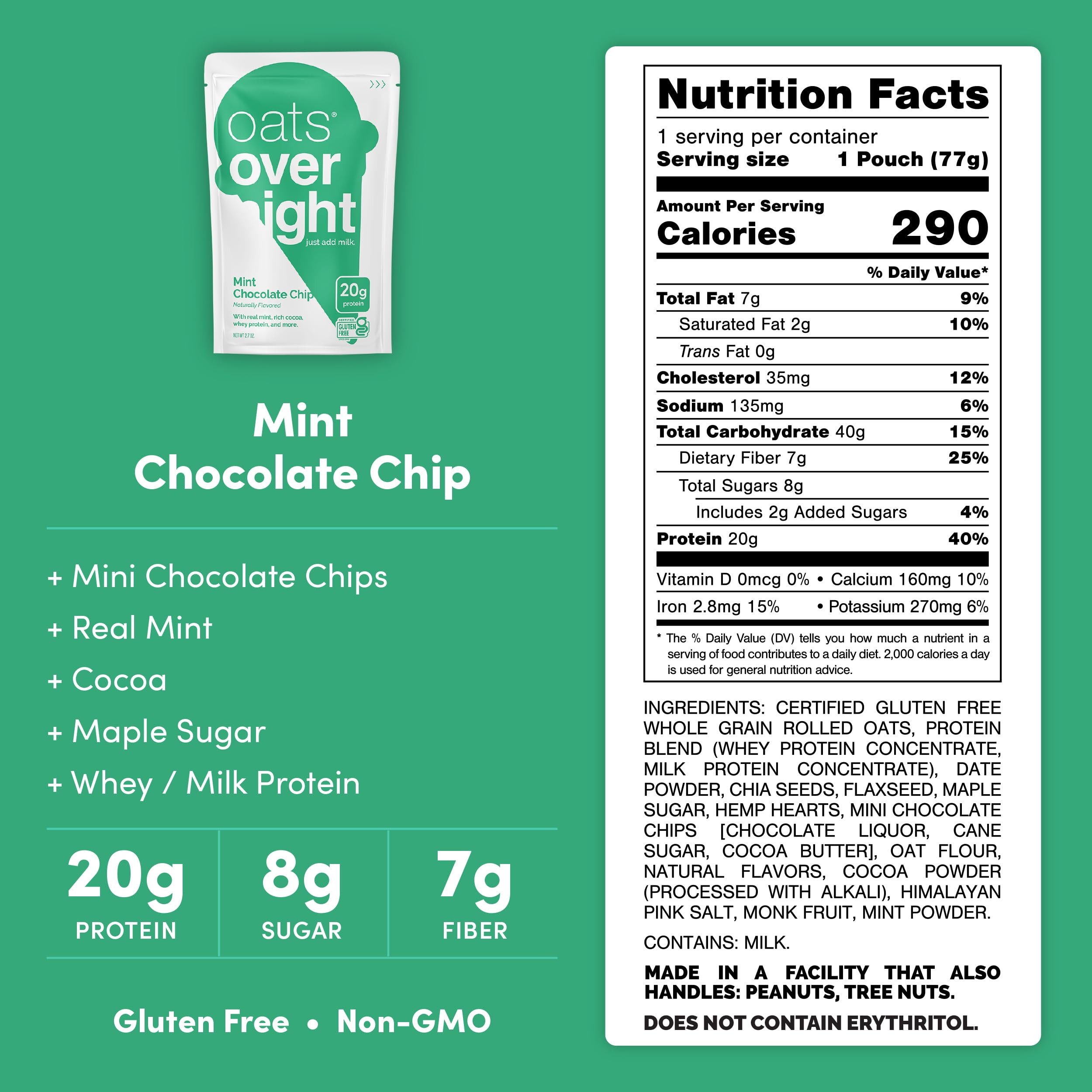 Close-up of Oats Overnight powder texture with visible chia and cocoa benefits
