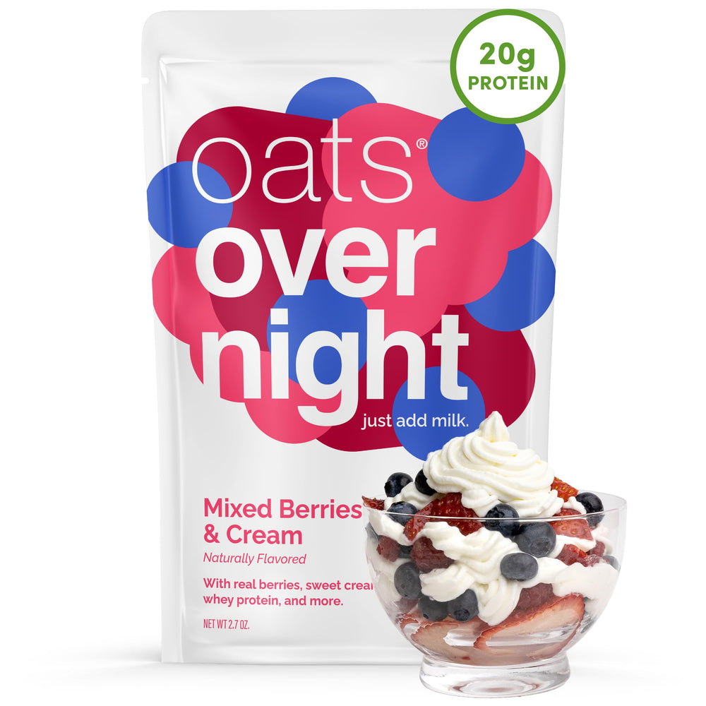 Oats Overnight front pack showing mixed berries cream flavor and convenience