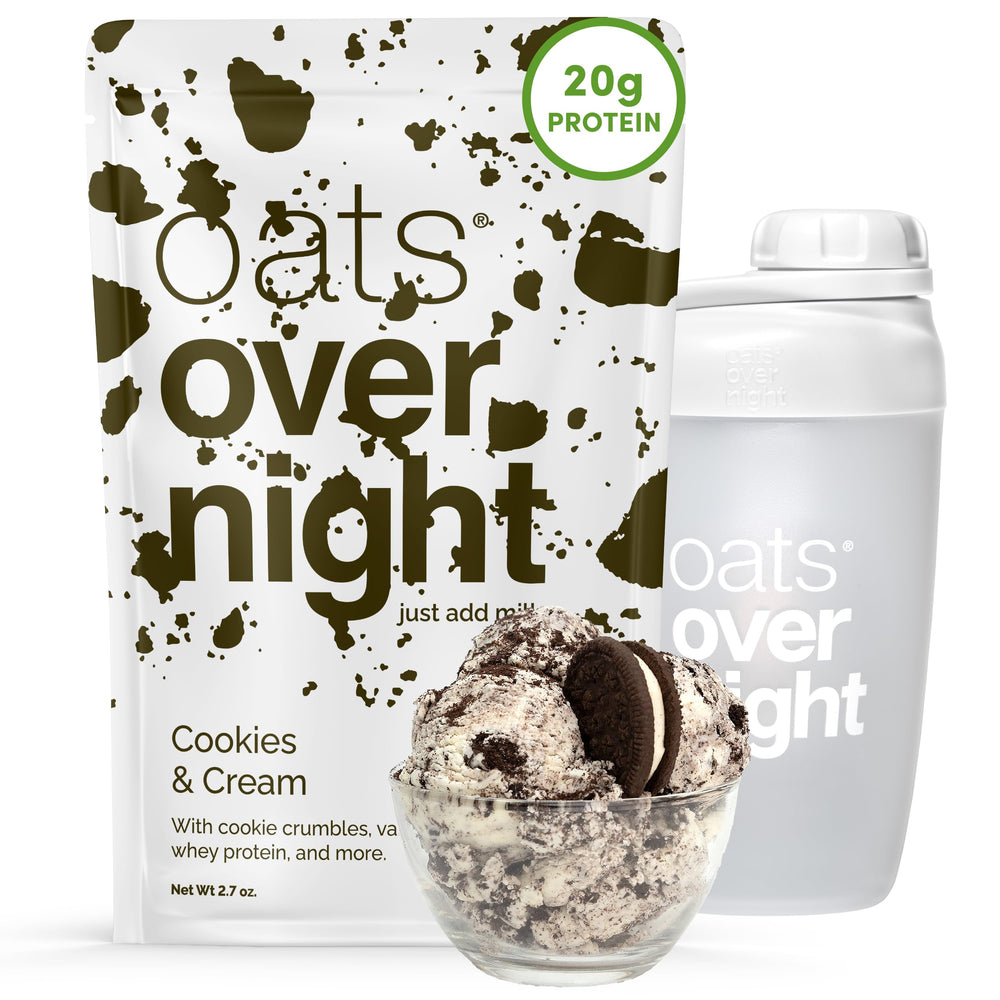 Oats Overnight pack front showing cookies & cream branding and included eight pouches, convenience visible