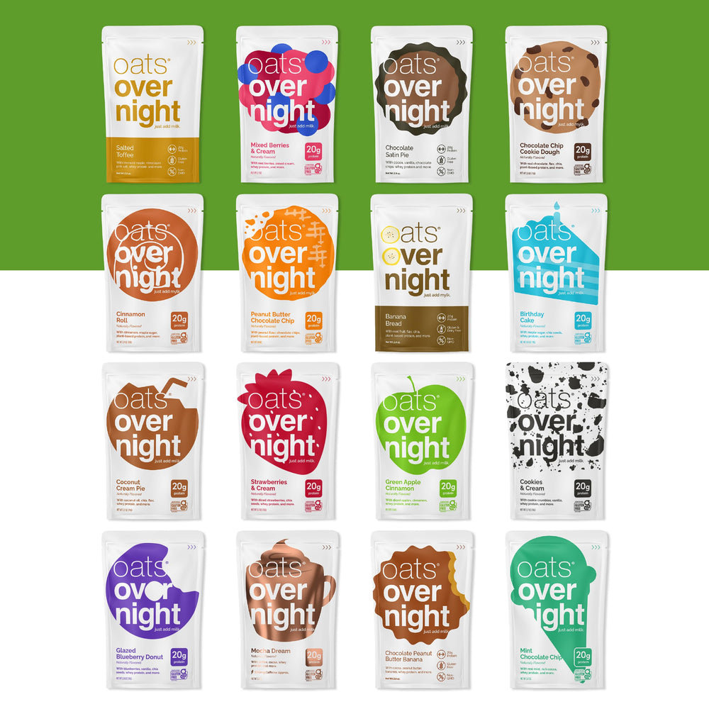 Oats Overnight pouch beside fruits to show portion size and wholesome ingredients