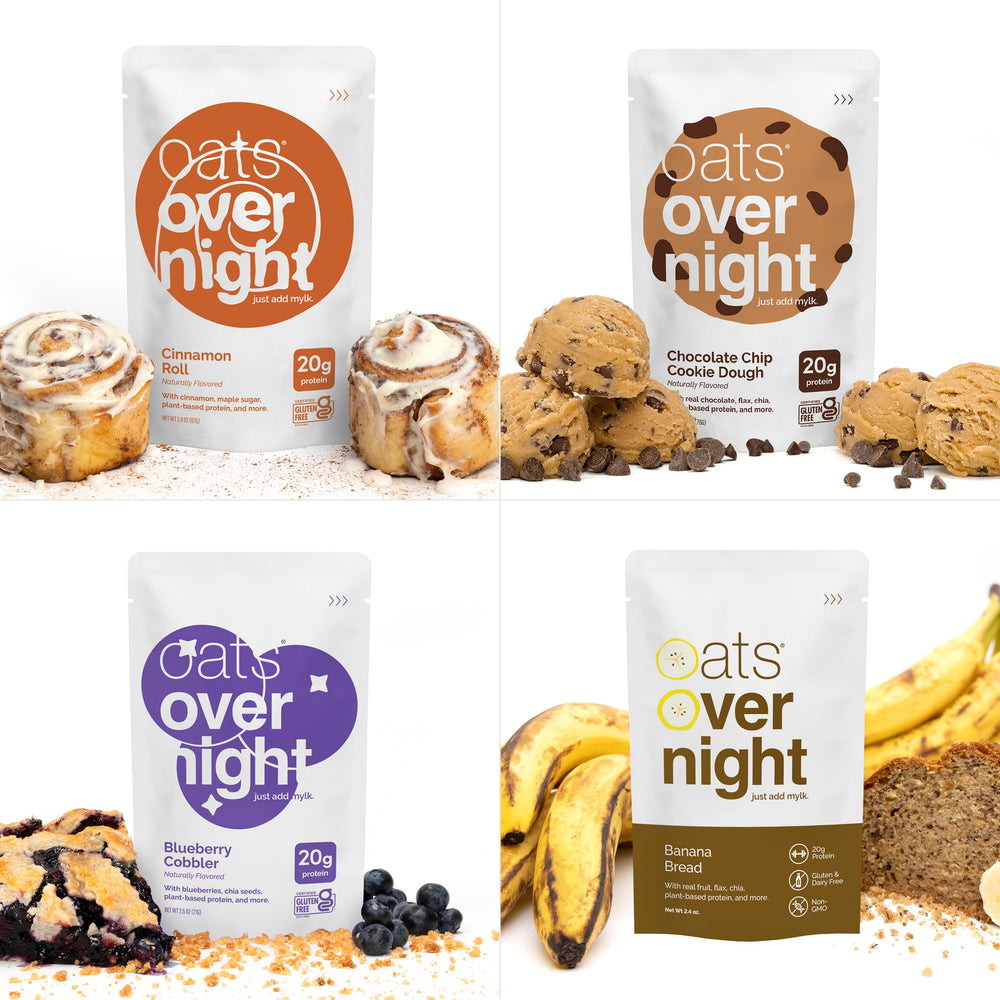 Oats Overnight variety pack fanned out to show all included flavors