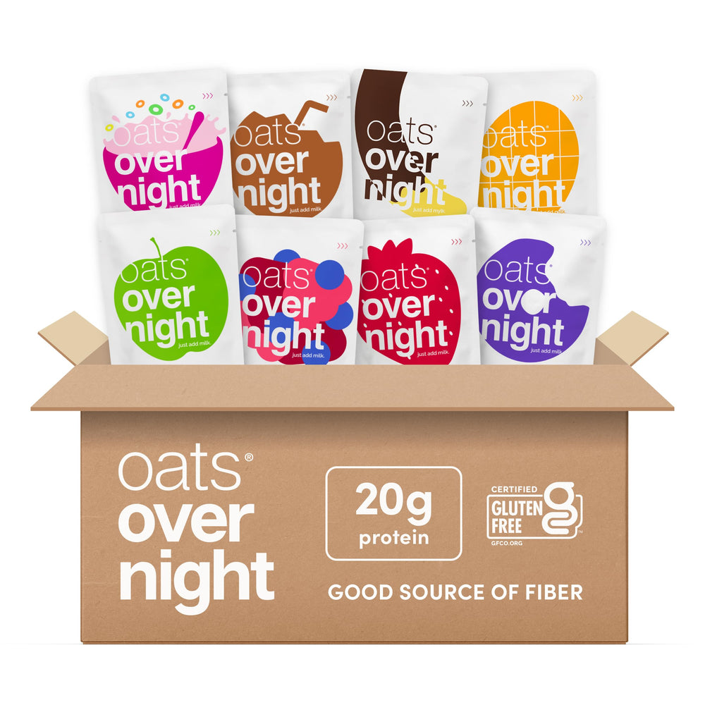 Oats Overnight front box showing variety pack and flavors for easy selection